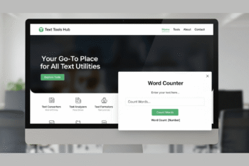 Laptop screen showing Text Tools Hub with word counter and case converter features open on a clean, modern workspace.